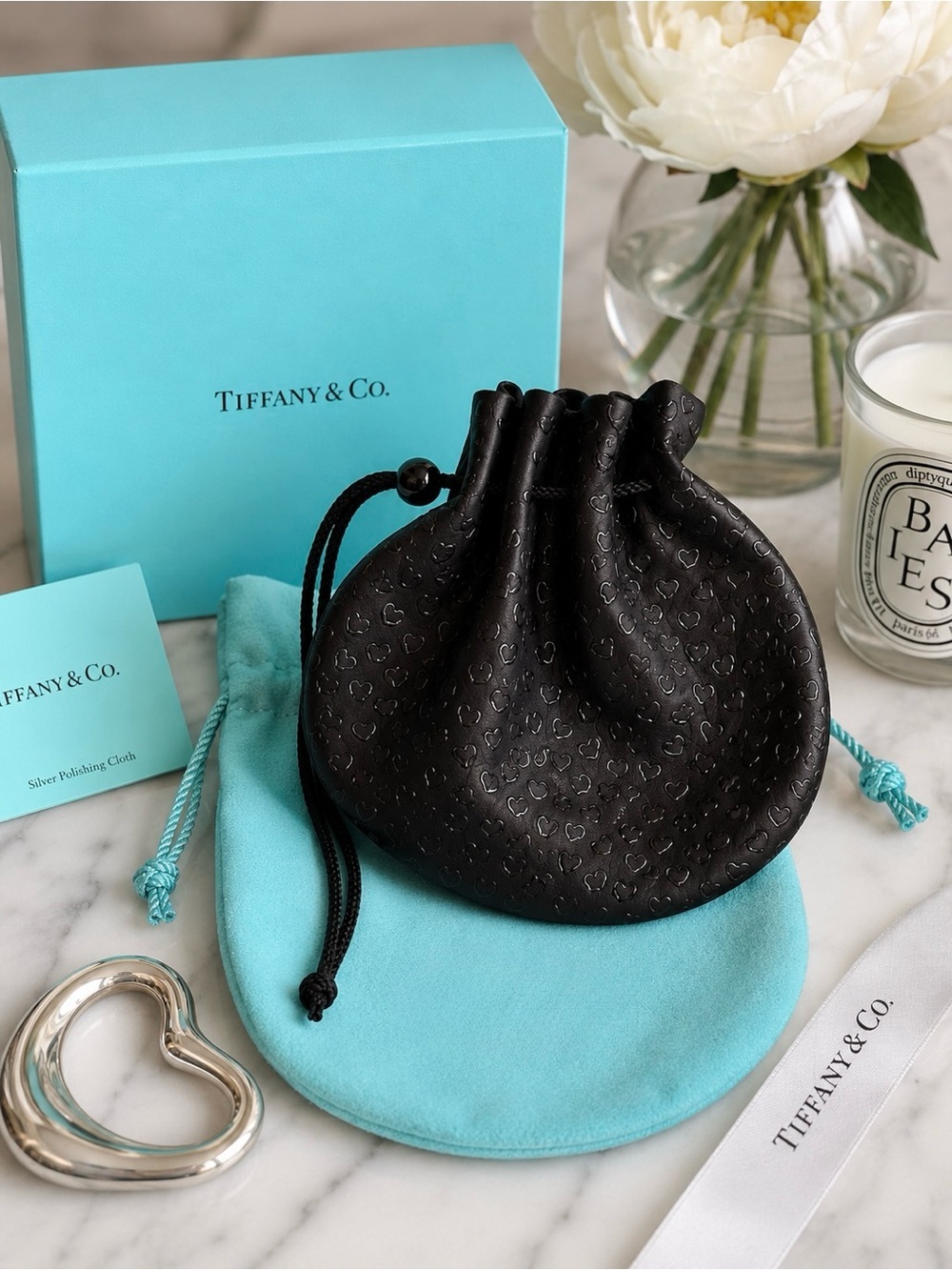 Tiffany & Co Elsa Peretti Open Heart Leather Drawstring Pouch NIB Retired Rare